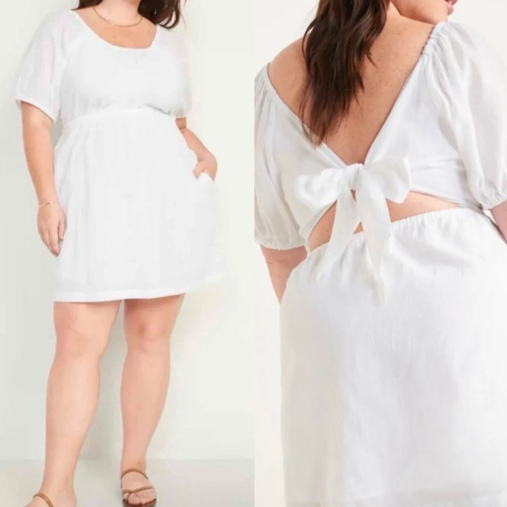 Old Navy White Puff Sleeve Tie Back Cut Out Dress Size XXL‎
